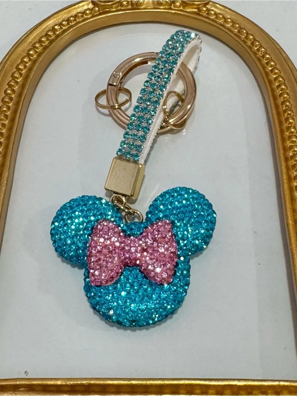 New Sparkling Teal Mouse Keychain with Pink Bow
